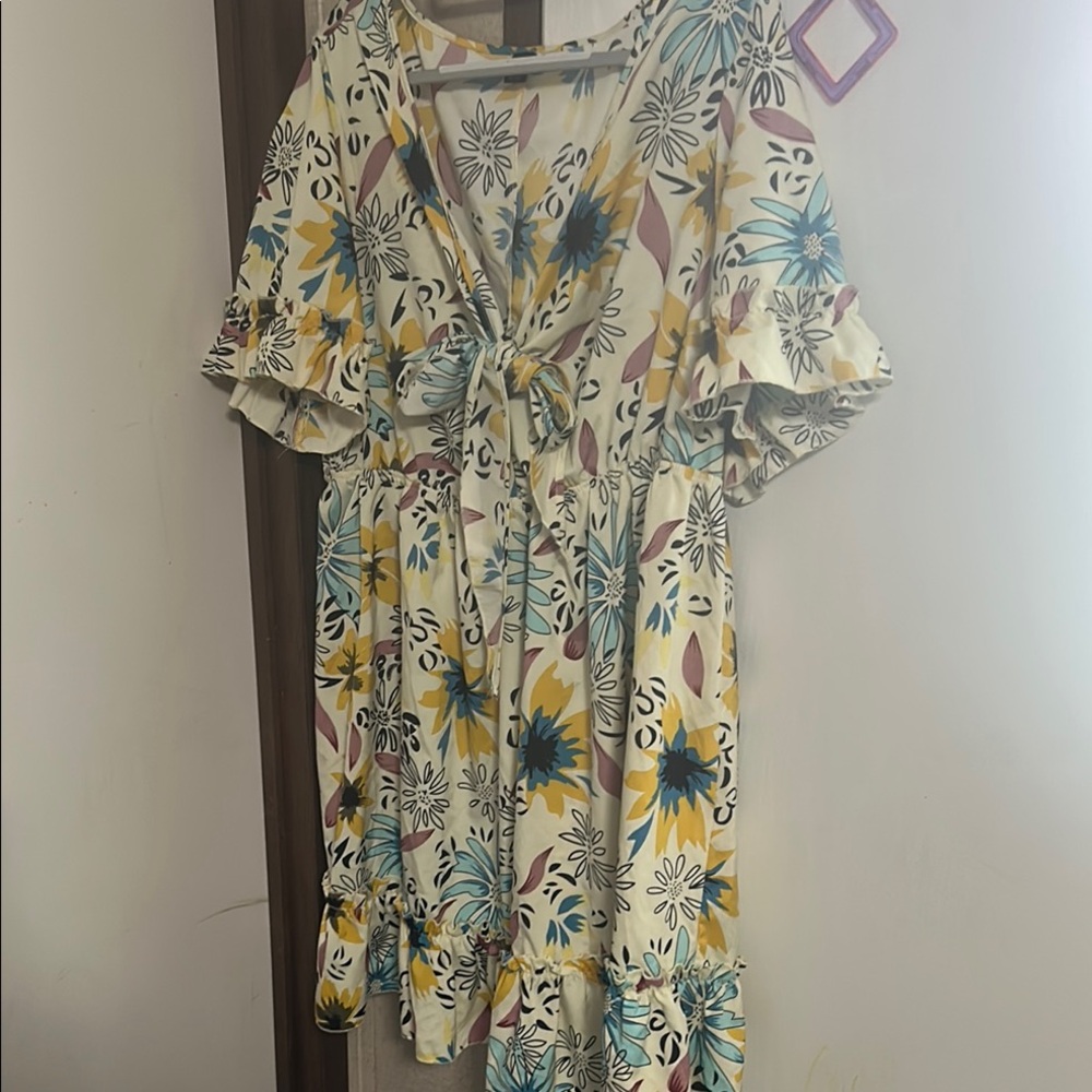 SHEIN Yellow and Blue Ruffled Wrap Sundress
